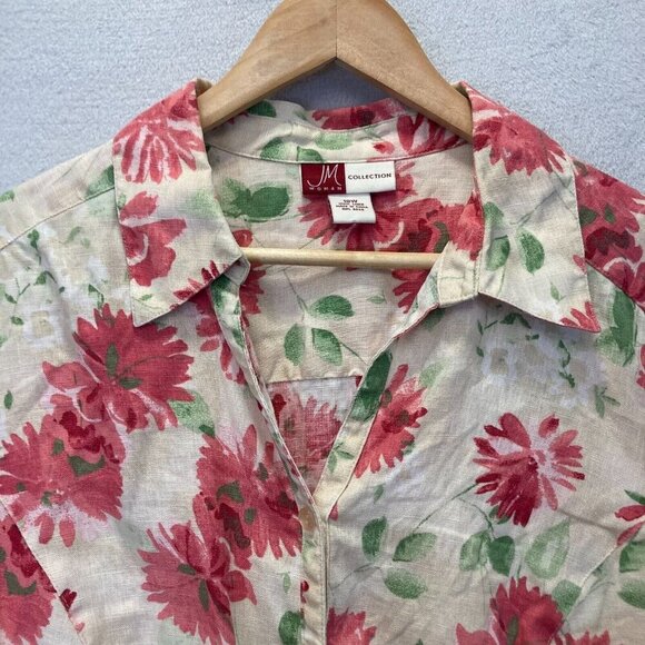 JM Collection 100% Linen Button Up Floral Blouse 18W Pink Easter Bell Sleeve Top - Picture 9 of 13